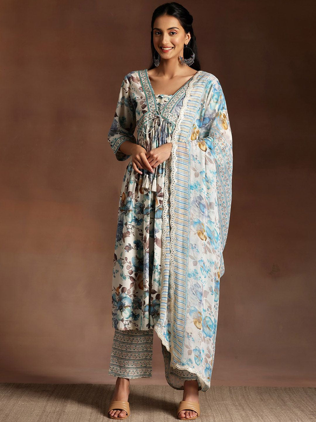 Floral Printed Empire Sequinned Kurta with Palazzo & Dupatta