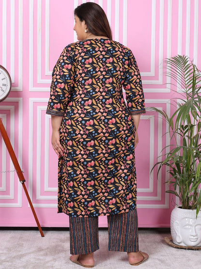 Dhiyona KL Plus Size Floral Printed Pure Cotton Straight Kurta with Trousers & Dupatta