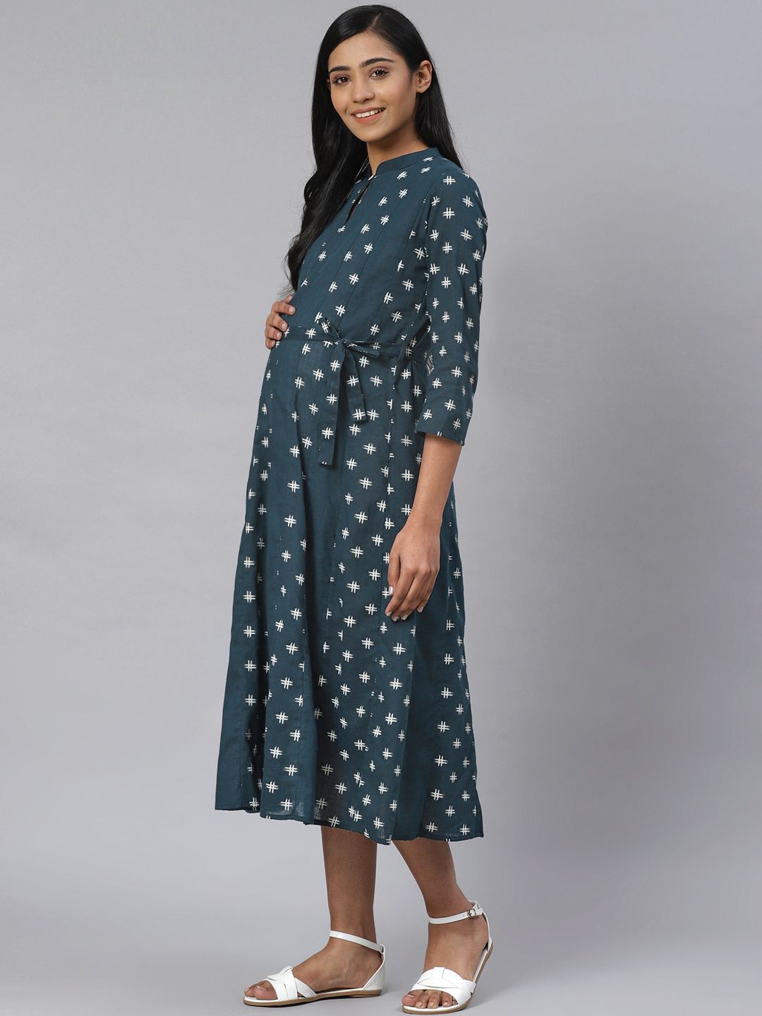 Dhiyona AY Women's Navy Blue & White Printed Pure Cotton Maternity A-Line Dress