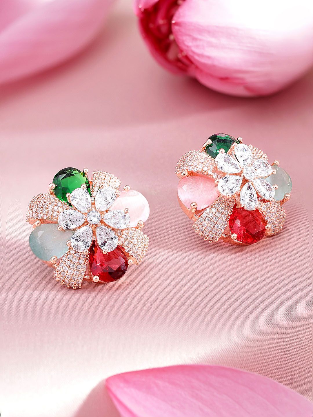 Dhiyona RJ Women's Gold-Toned Floral Studs Earrings