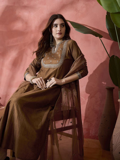 Dhiyona SN Women's Floral Embroidered Sequinned A-Line Kurta With Trousers & Dupatta
