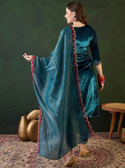 Embroidered Straight Kurta & Trousers With Dupatta