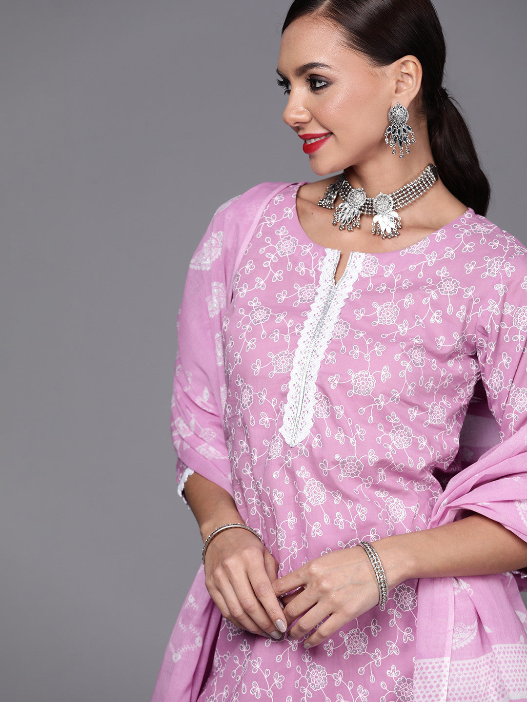 Women Lavender & White Floral Printed Gotta Patti Kurta with Palazzos & Dupatta