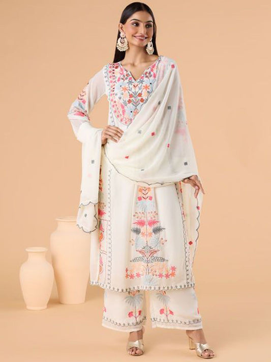 Dhiyona KL Ethnic Motifs Embroidered Thread Work Straight Kurta With Palazzos & Dupatta