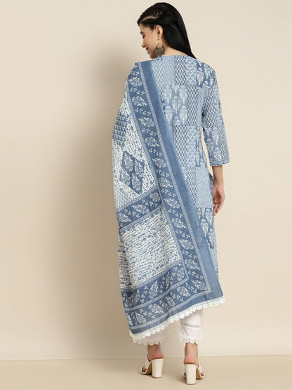 Dhiyona RR Women's Blue Printed Sequinned Pure Cotton Kurta with Trousers & With Dupatta