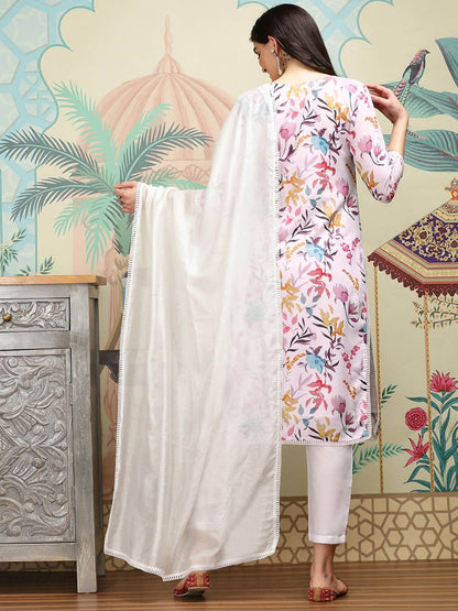 Dhiyona IS Women's White Floral Printed Mirror Work Regular Straight Kurta With Trousers & Dupatta