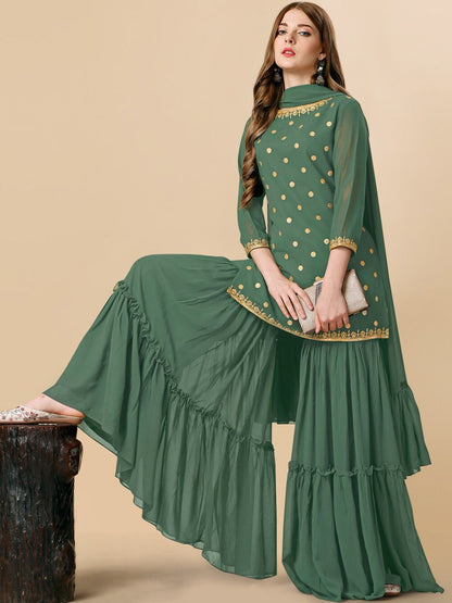 Dhiyona IN Green Sequinned Georgette Kurta & Sharara With Dupatta