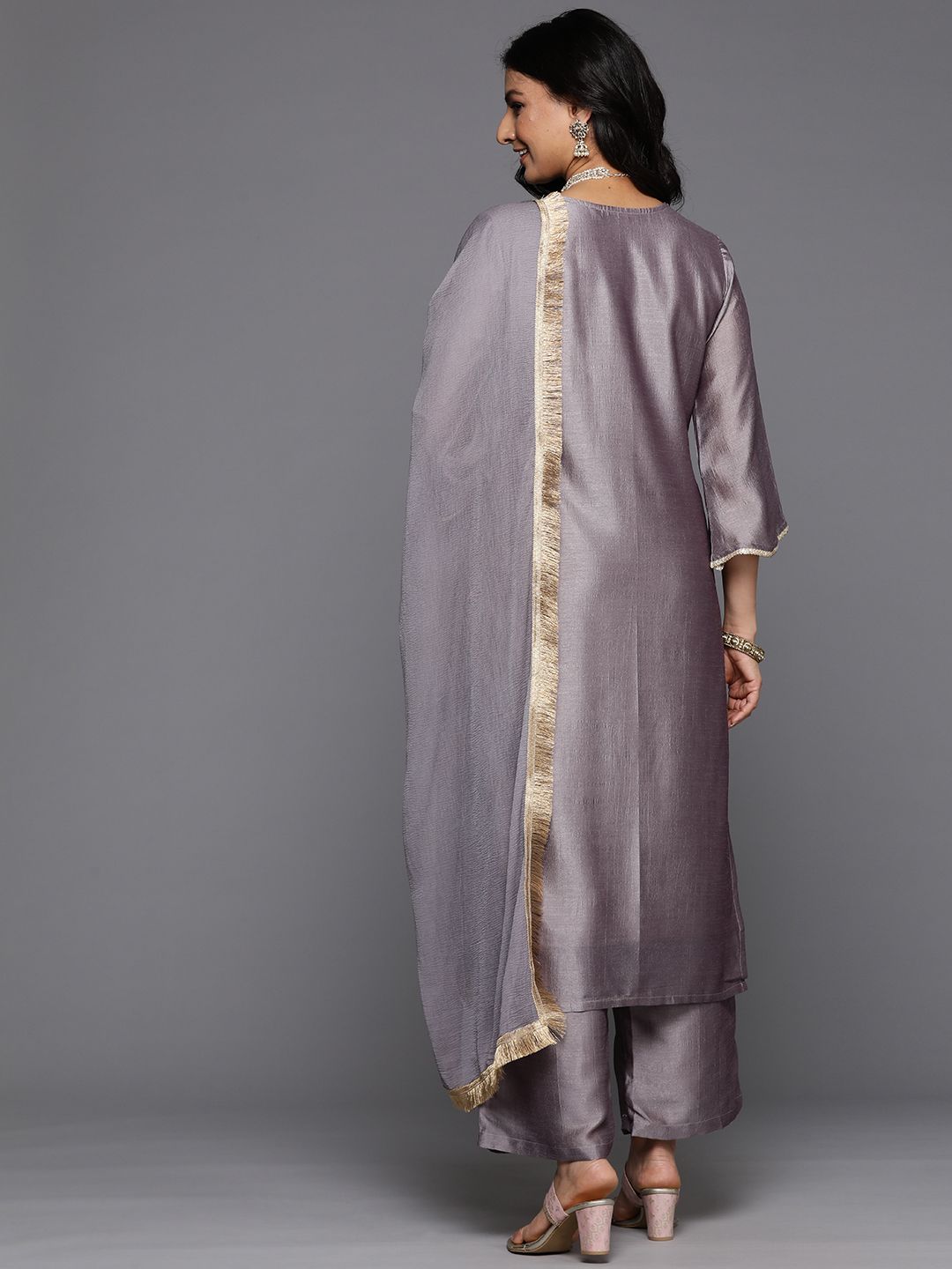 Dhiyona VA Ethnic Motifs Embroidered Zari Kurta With Palazzos & Dupatta