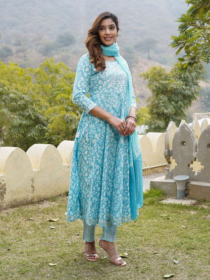 Dhiyona KL Floral Printed Regular Mirror Work Pure Cotton Kurta with Trousers & With Dupatta