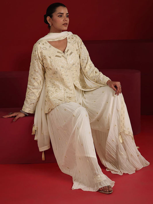 Dhiyona LL Women Ethnic Motifs Embroidered Sequinned Kurti with Palazzos & With Dupatta