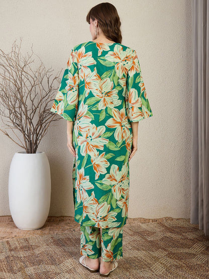 Floral Printed V-Neck Pure Cotton Straight Kurta With Trousers