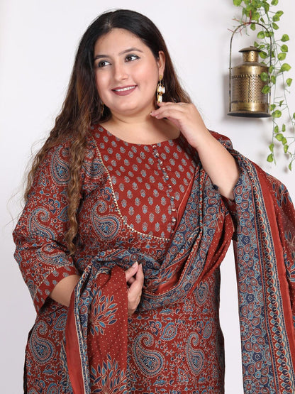 Dhiyona KL Plus Size Paisley Printed Pure Cotton Kurta with Trousers & Dupatta