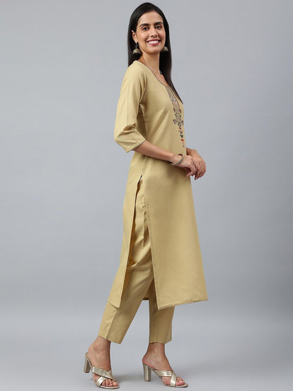 Dhiyona KL Women Beige Embroidered Kurta with Trousers & With Dupatta