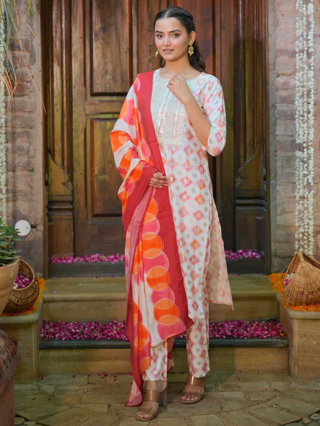 Printed Regular Sequinned Kurta with Trousers & Dupatta