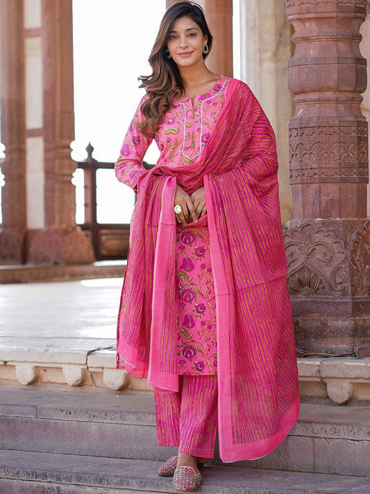 Dhiyona KL Floral Printed Pure Cotton Kurta with Trousers & With Dupatta
