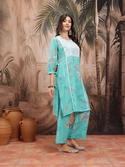 Floral Print Pleated Thread Work Kurta with Palazzos