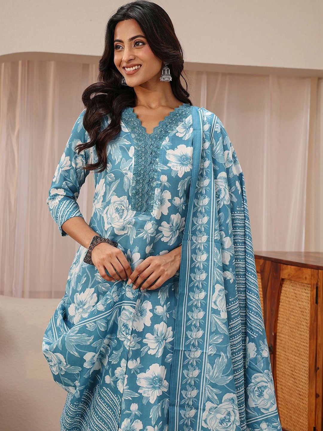 Libas Blue Floral Printed Straight Suit Set