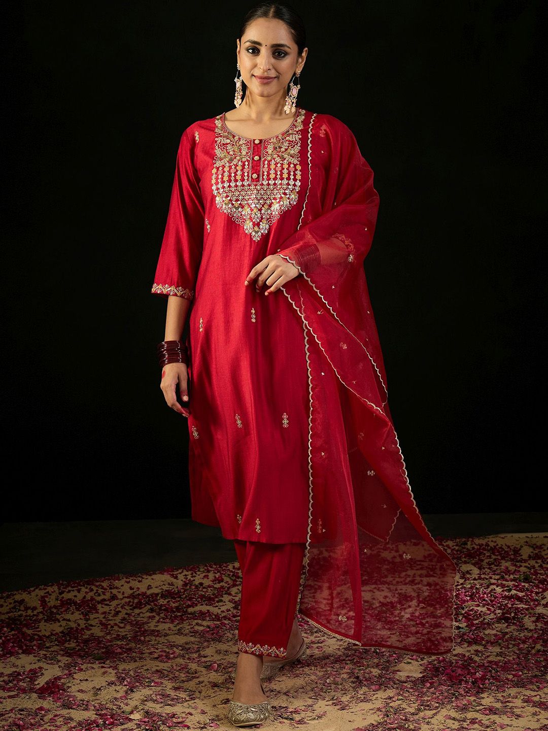 Floral Yoke Design Sequnnied Straight Kurta With Trousers & Dupatta