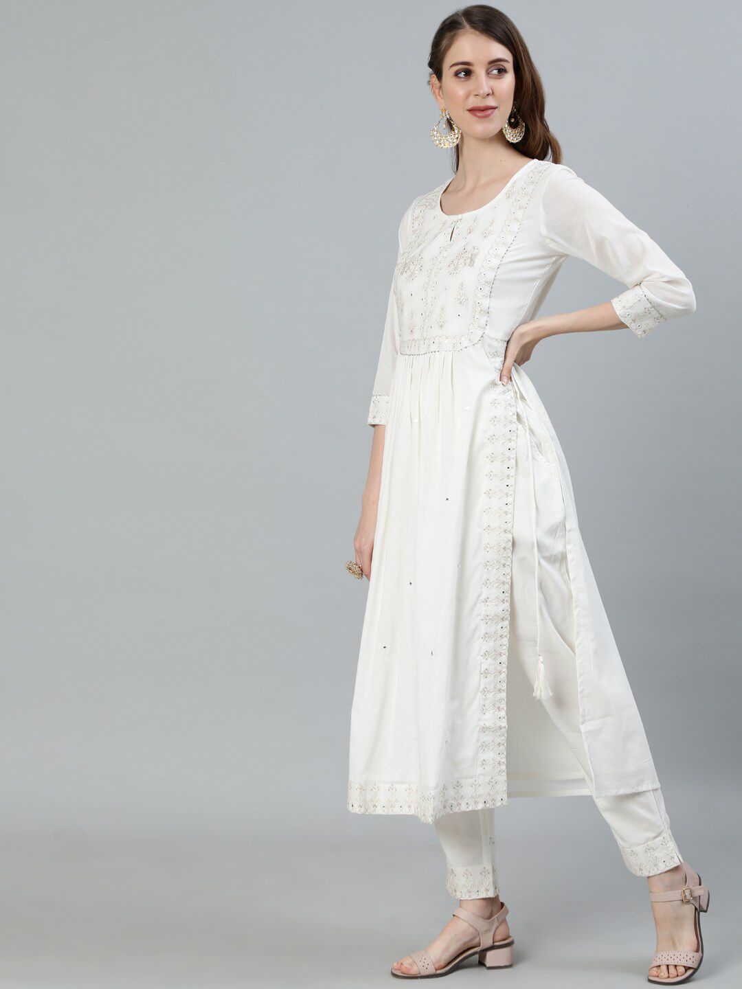 Dhiyona IS Women's Women Off White Ethnic Motifs Embroidered Pure Cotton Kurta with Trousers