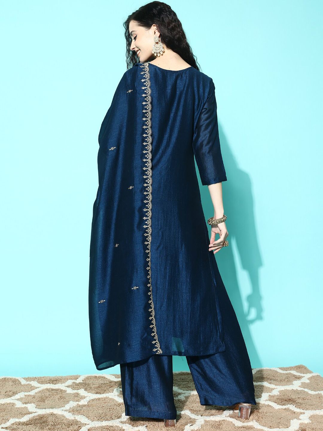 Dhiyona SN Geometric Embroidered Yoke Sequined Straight Kurta & Palazzo With Dupatta