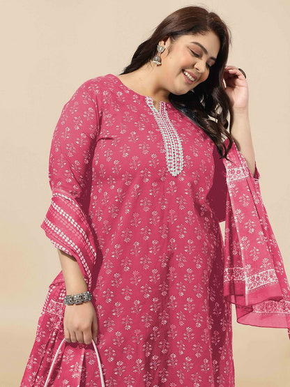 Dhiyona KL PLus Size Floral Printed Regular Gotta Patti Pure Cotton Kurta Set & Dupatta