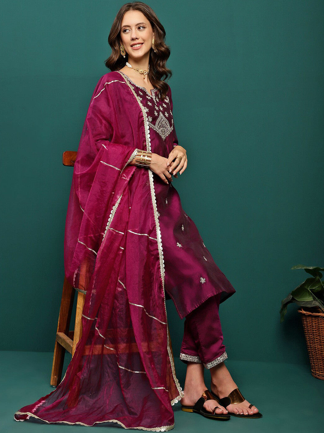 Ethnic Motifs Embroidered Sequined Kurta With Trousers & Dupatta
