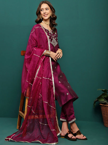 Ethnic Motifs Embroidered Sequined Kurta With Trousers & Dupatta