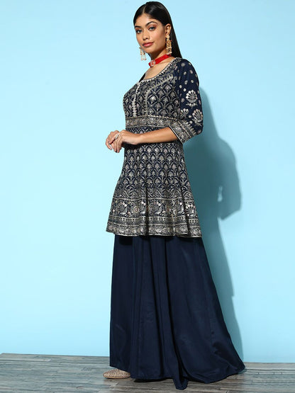 Dhiyona LL Womens Blue Embroidered Silk Anarkali Kurti With Palazzos & Dupatta