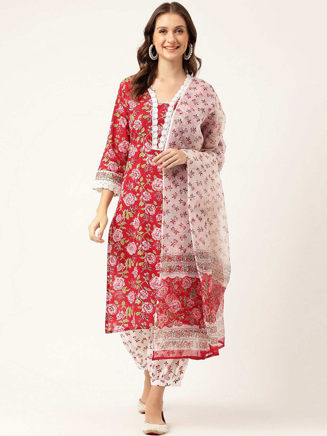 Dhiyona KL Floral Printed V-Neck Pure Cotton Kurta With Salwar & Dupatta