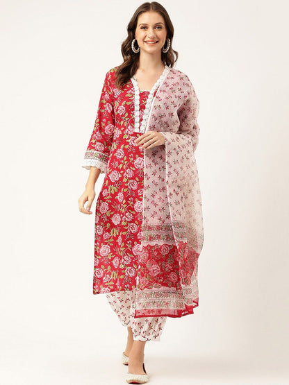 Dhiyona KL Floral Printed V-Neck Pure Cotton Kurta With Salwar & Dupatta