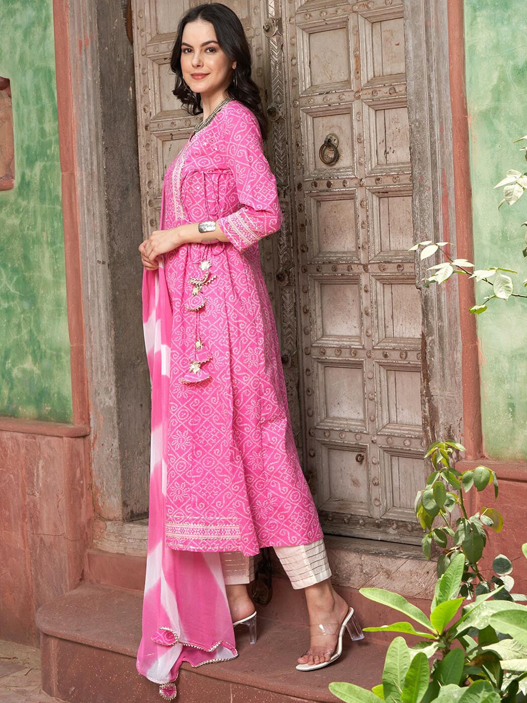 Pink Bandhani Printed Angrakha Mirror Work Pure Cotton Kurta Set