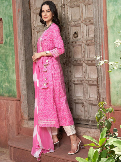 Pink Bandhani Printed Angrakha Mirror Work Pure Cotton Kurta Set