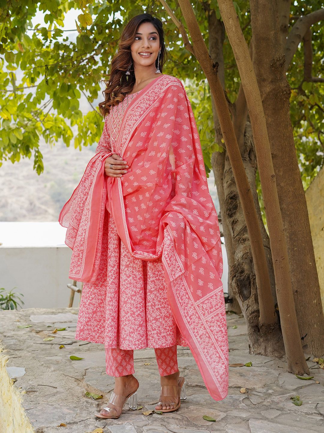 Dhiyona KL Ethnic Printed Gotta Patti Anarkali Pure Cotton Kurta with Trousers & Dupatta