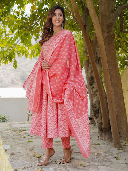 Dhiyona KL Ethnic Printed Gotta Patti Anarkali Pure Cotton Kurta with Trousers & Dupatta