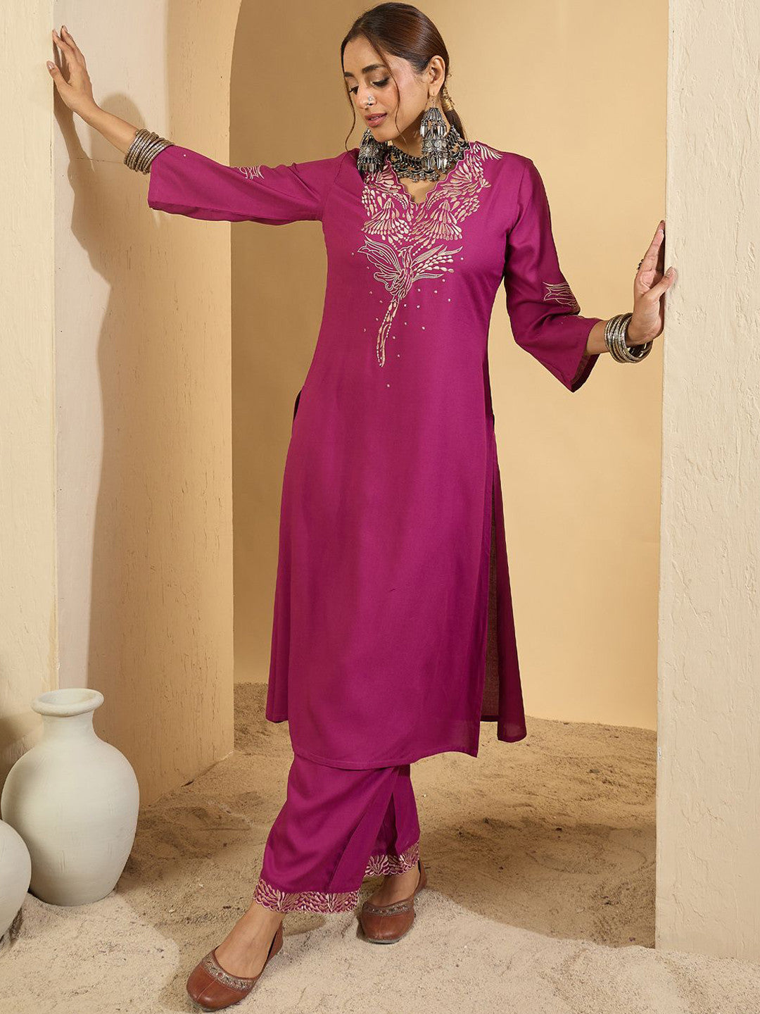 Women Embroidered Regular Thread Work Kurta with Trousers