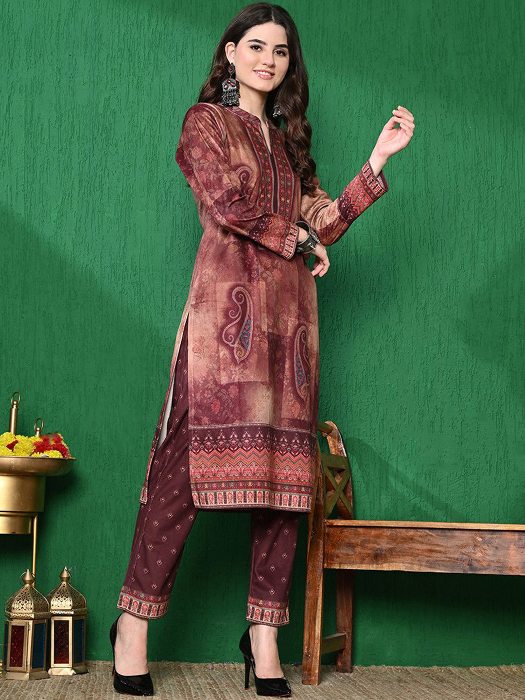 Paisley Printed Winter Velvet Straight Kurta & Trouser With Dupatta