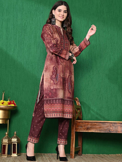 Paisley Printed Winter Velvet Straight Kurta & Trouser With Dupatta