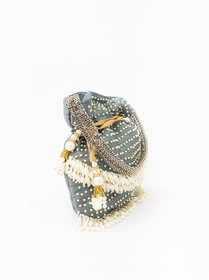 Dhiyona NR Grey & White Embroidered Potli Clutch