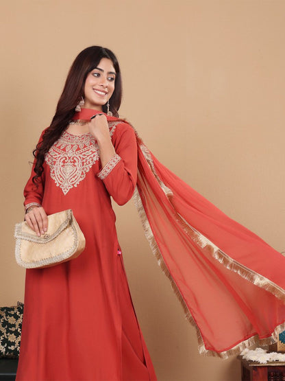 Dhiyona VA Women Embroidered Regular Kurta with Palazzos & With Dupatta