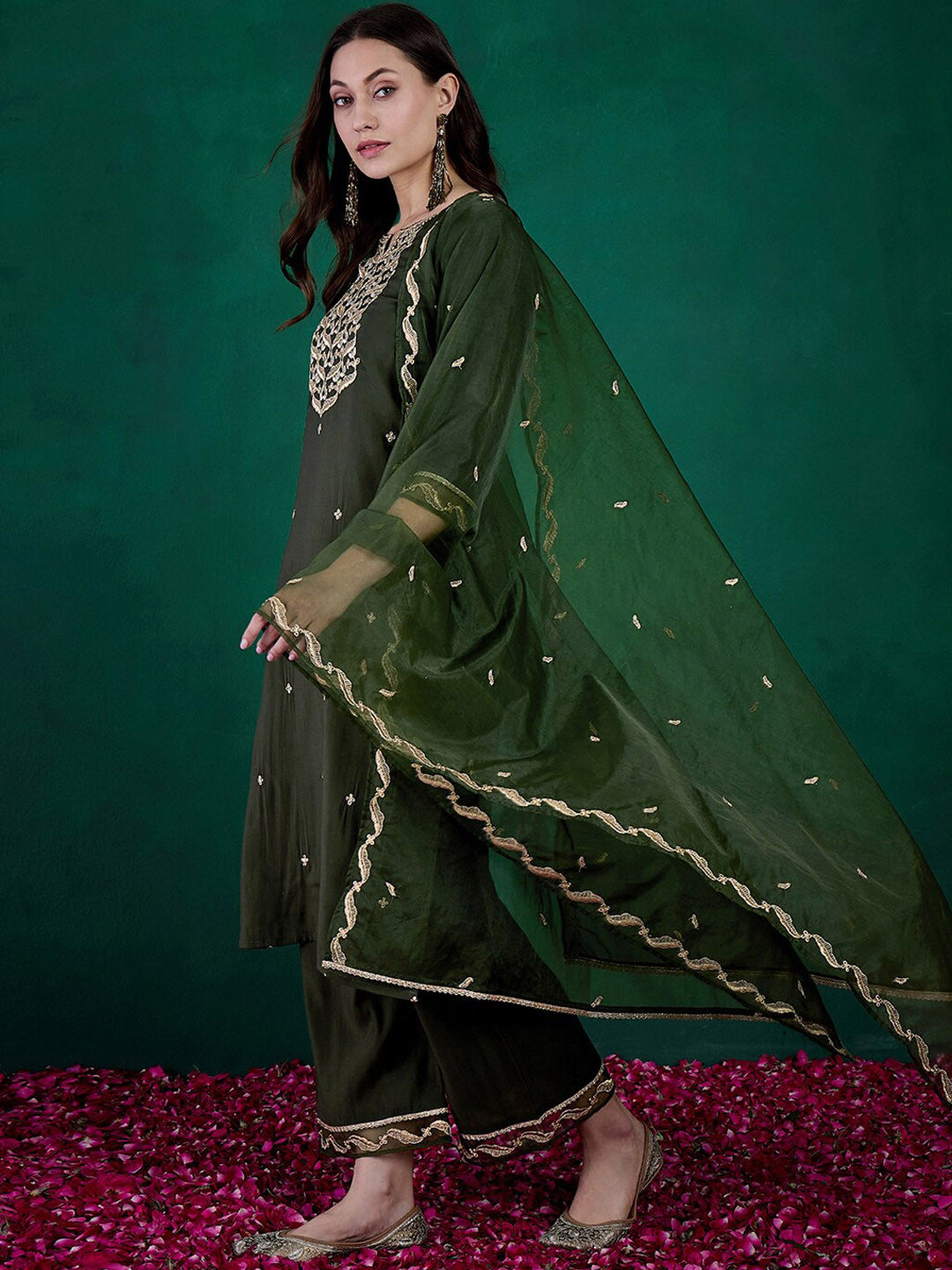 Sequin Embroidered Round Neck Straight Kurta With Trousers & Dupatta
