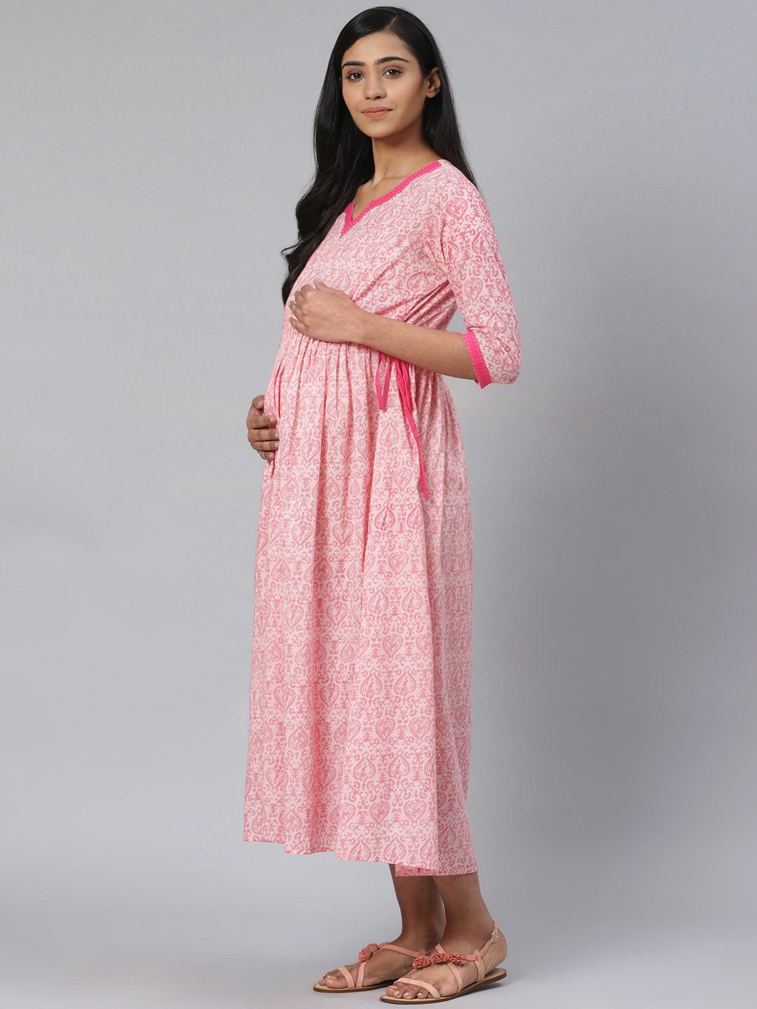 Dhiyona AY Women's Pink Printed Pure Cotton Maternity A-Line Dress