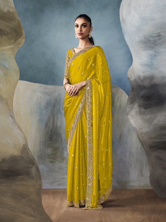 Dhiyona KM Women Tissue Embroidered Fancy Heavy Border Saree