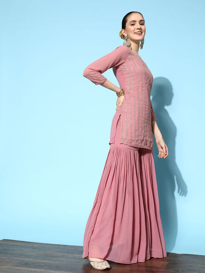 Dhiyona IN Women Pink Embroidered Kurti with Sharara & With Dupatta