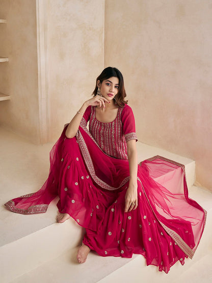 Dhiyona IN Magenta Floral Embroidered Straight Kurti & Sharara With Dupatta