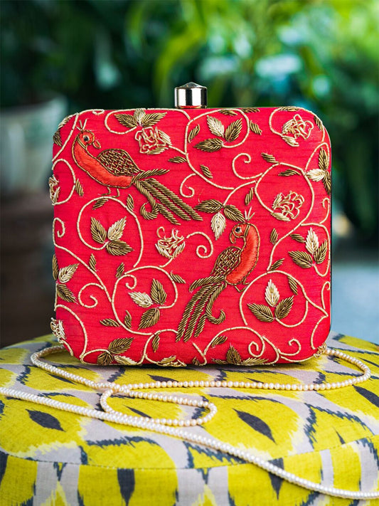Dhiyona NR Peach-Coloured & Cream-Coloured Embroidered Box Clutch