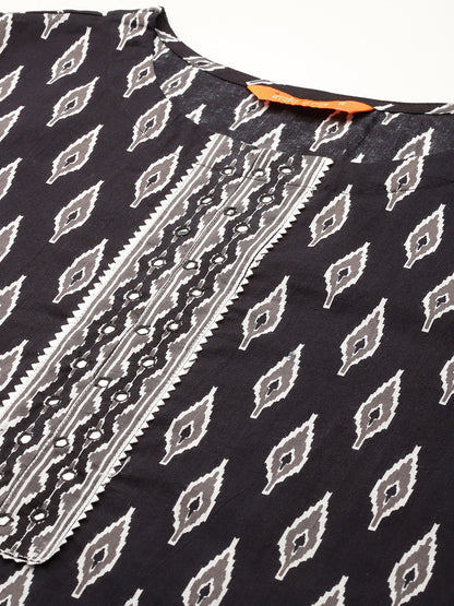 Printed Mirror Work Pure Cotton Kurta With Palazzos & Dupatta
