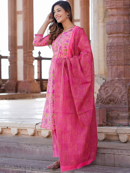 Dhiyona KL Floral Printed Pure Cotton Kurta with Trousers & With Dupatta