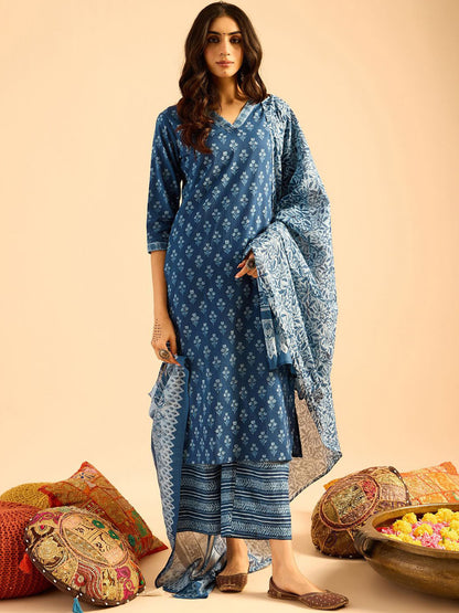 Blue Floral Printed V-Neck Pure Cotton Straight Kurta with Palazzo & Dupatta