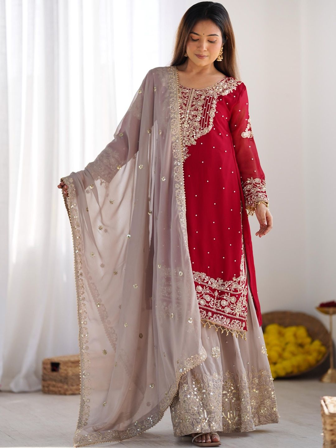 Dhiyona KL Women Embroidered Regular Sequinned Kurta with Sharara & With Dupatta