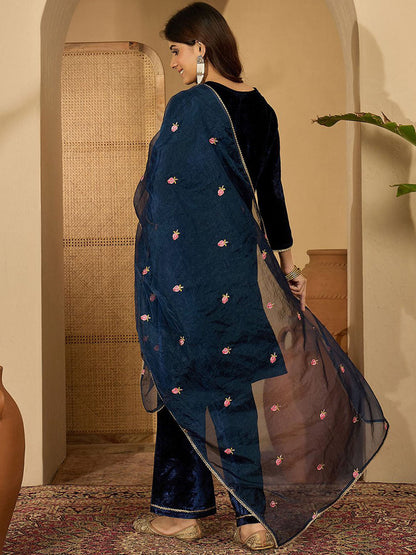 Zari Sequence Thread Embroidered Velvet Straight Kurta & Trousers With Dupatta